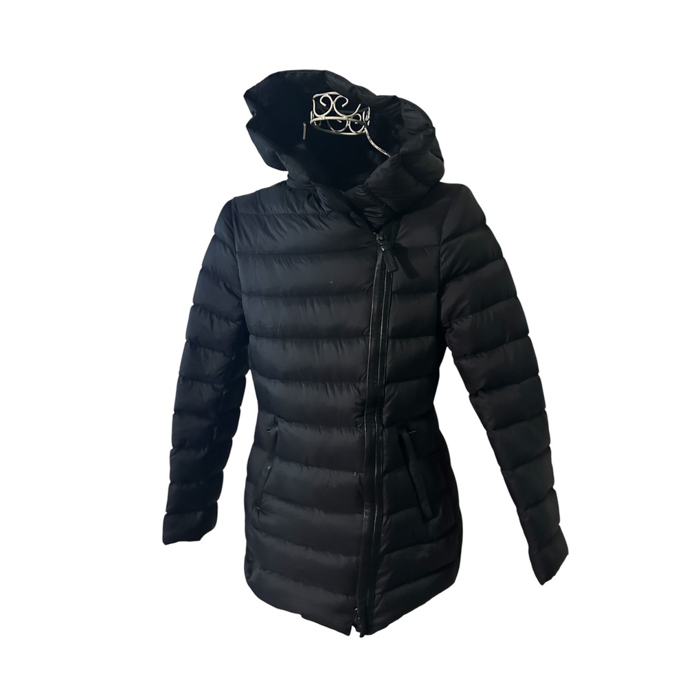 Mackage Montreal Black Down Puffer Jacket Leather Trim Hooded Womens Medium